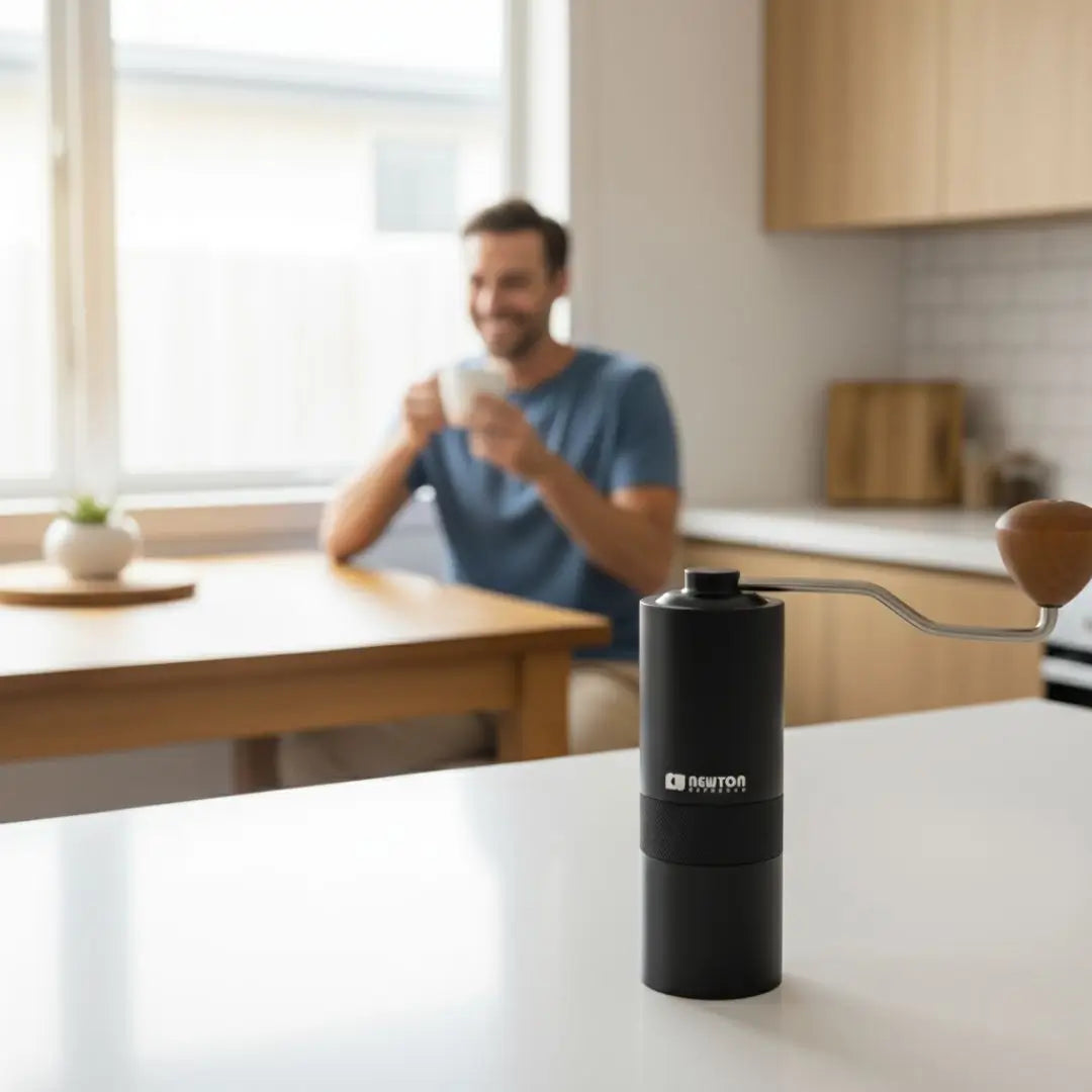 Man holding a coffee cup in a kitchen with a black Newton coffee grinder on a counter.